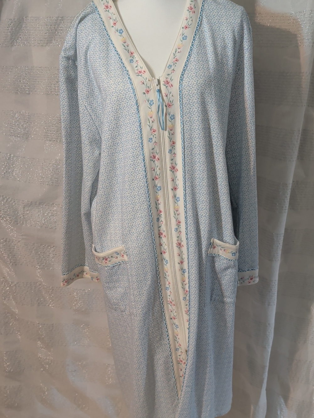 White Stag Light Blue Floral-Trim Zip Front Robe